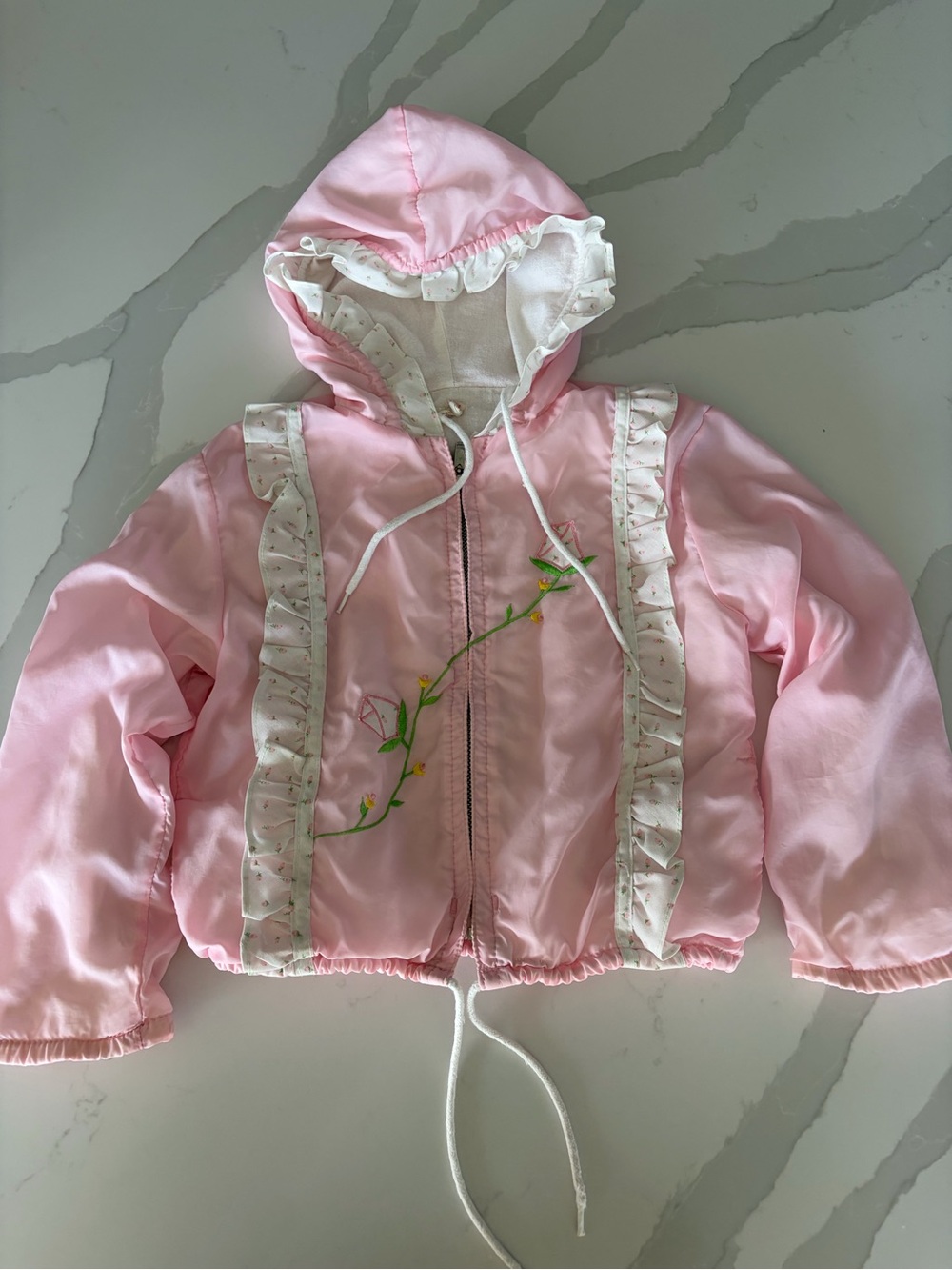 Vintage 1980’s Girls Pink Ruffle Trim Floral Embroidered Hooded Spring Jacket 2T